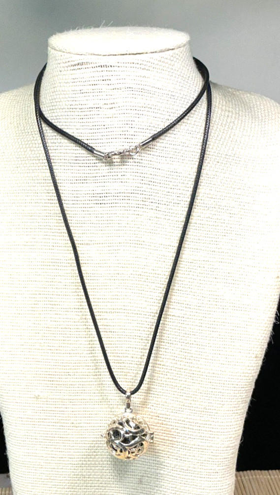 Lava Rock Necklace Harmony Ball Black Cord Silver Tone Pendant Lot 106B