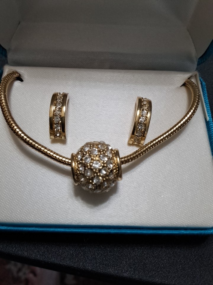 16″ GOLD SLIDER BALL SNAKE CHAIN NECKLACE & HALF HOOP PIERCED EARRINGS NIB #36