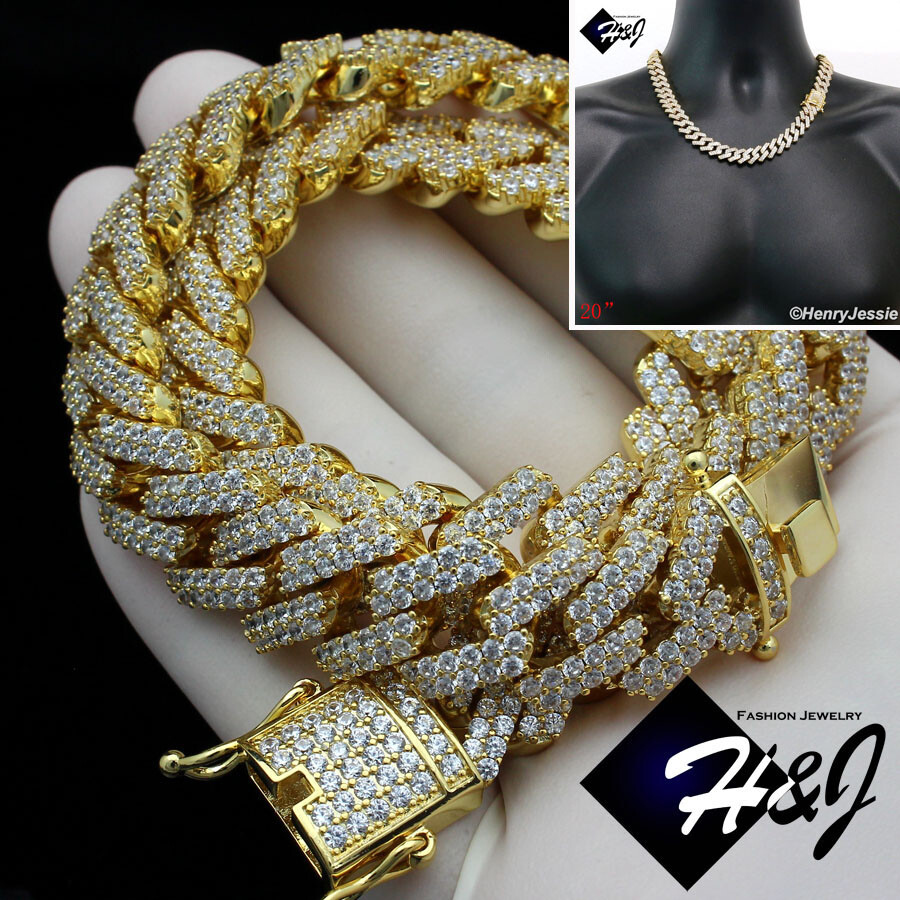 20″MEN 14K GOLD PLATED ICY BLING CZ 14MM GOLD MIAMI CUBAN CURB NECKLACE*BGN6
