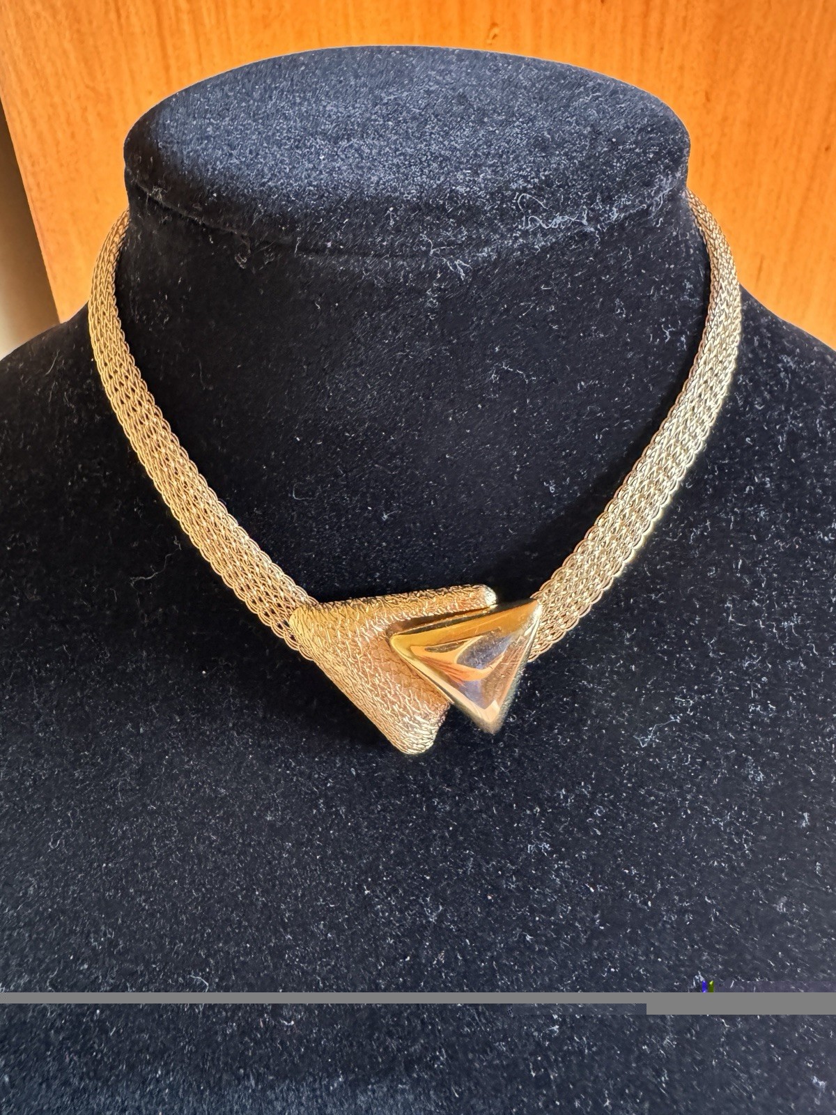Gold Tone Metal Mesh Chain Choker Necklace with Triangle Front Detail