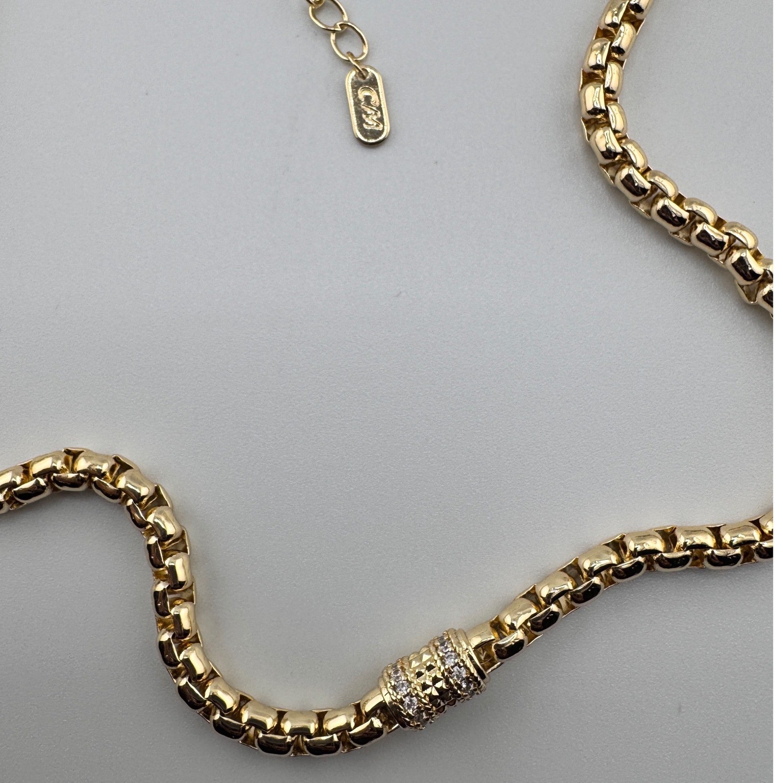 14 K Plated Gold Round Box Chain Necklace Pave Crystal Barrel Bead 18 Inch