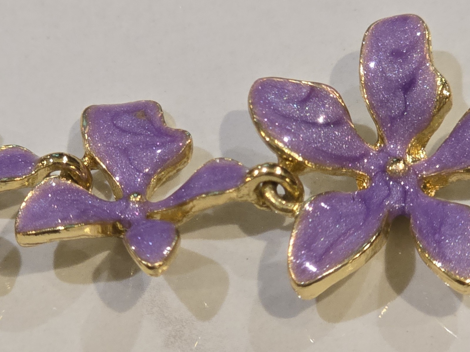 Lavender Enamel Flower Necklace Gold Tone Floral Statement Adjustable Purple