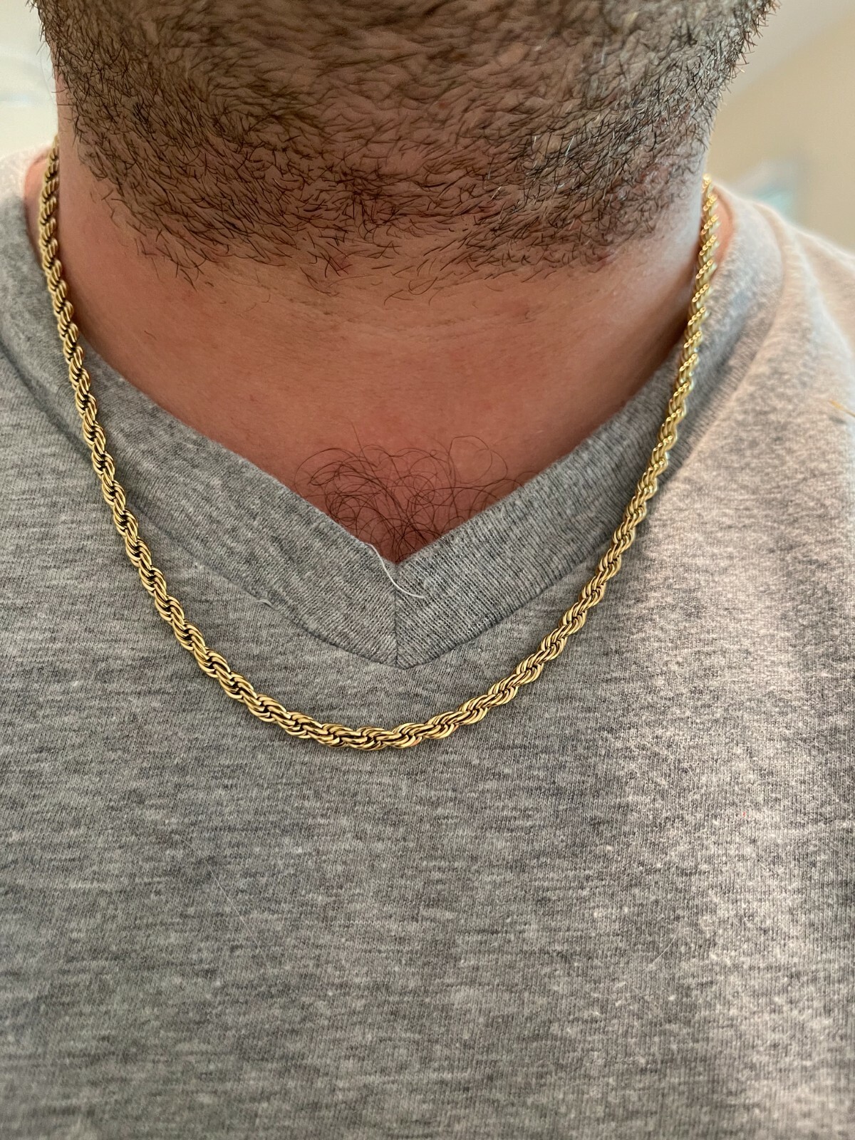 Cadena De CUERDA Real Para Hombre Acero Inoxidable Bañado En Oro De 14K !