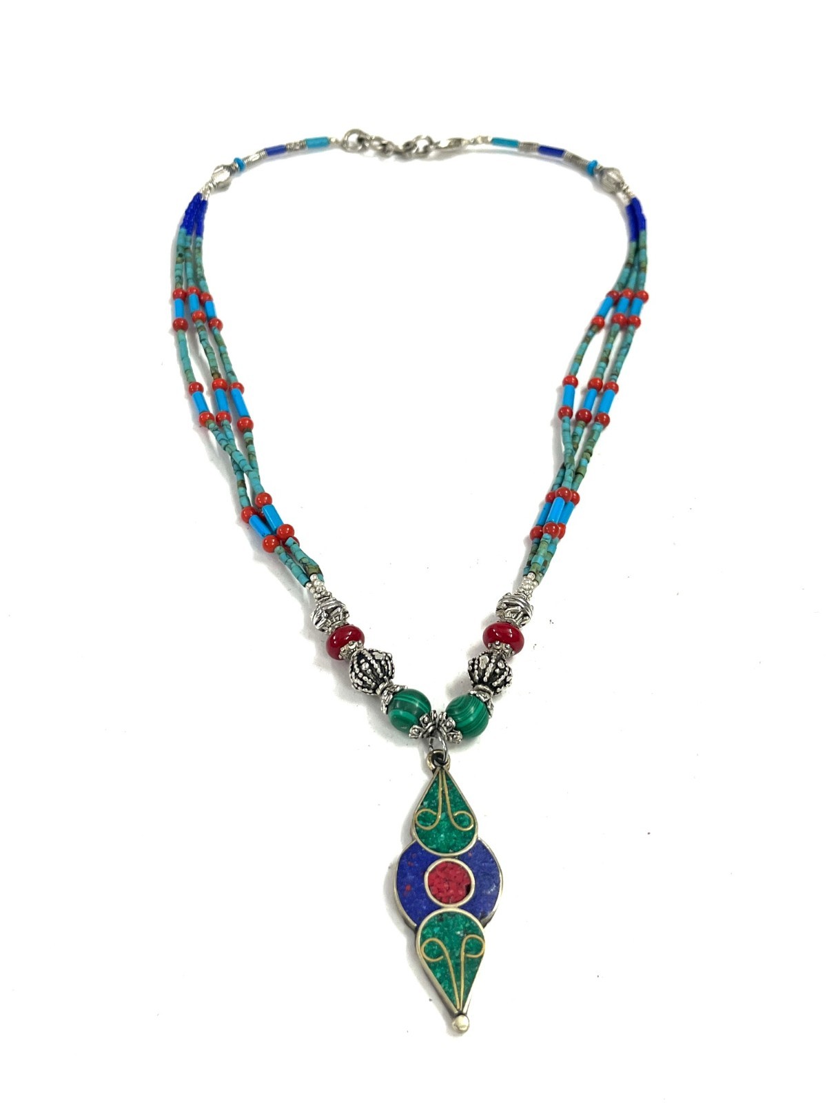 Turquoise Coral Gemstone Tibetan Bohemian Necklace Jewelry, 18 Inc Adjst