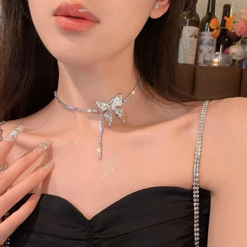 Butterfly Pendant Necklace Rhinestone Chain Crystal Link Women Jewelry