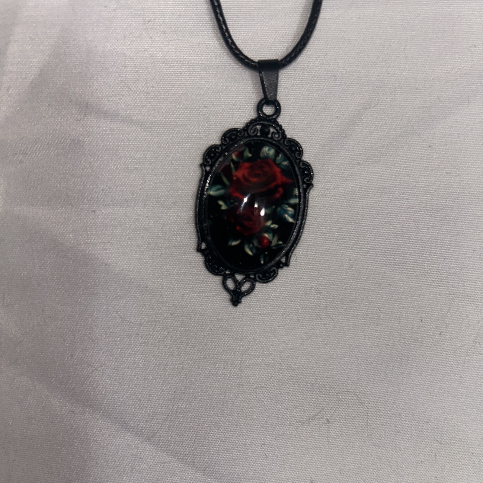 Black Chain Necklace with Burgundy Red Rose Cameo Pendant 20” Long W/extension