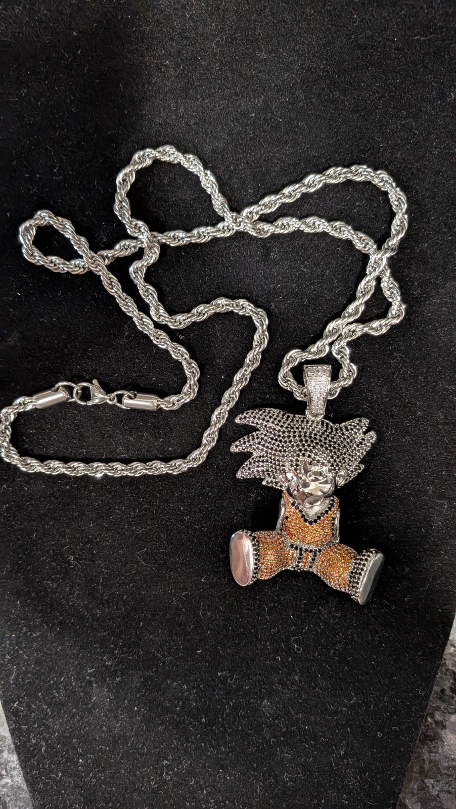 Iced Out Anime Character Pendant Rope Chain 14K White Gold Plated Stainles Steel