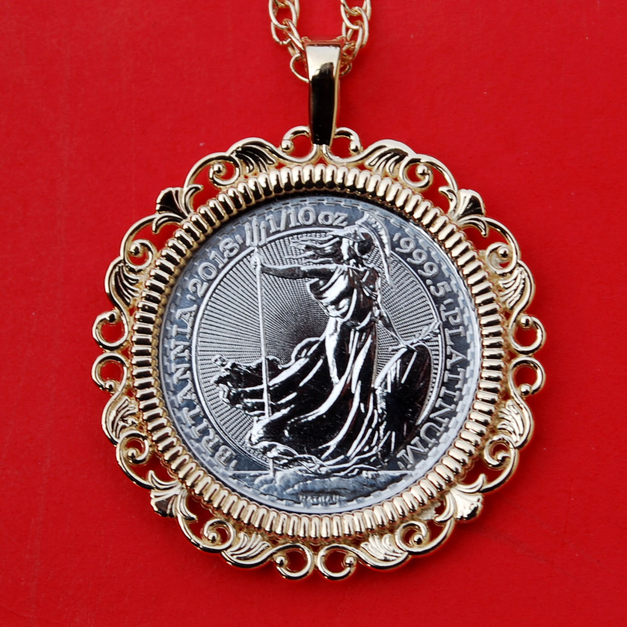 2018 Great Britain 1/10 oz Platinum Britannia BU Coin 14K Gold Necklace NEW