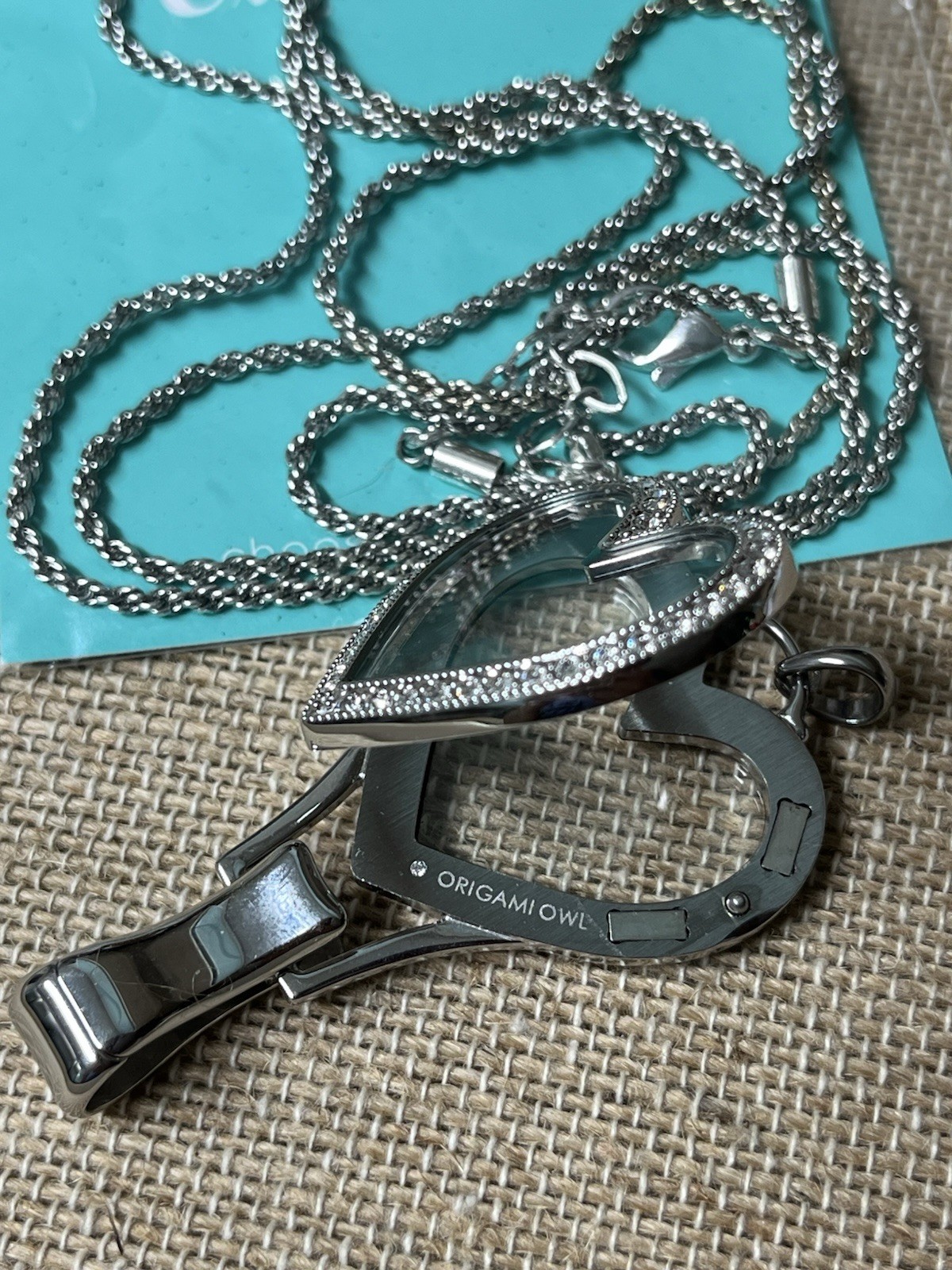 Origami Owl Reversible Silver Heart Locket Lanyard Badge Holder And Chain
