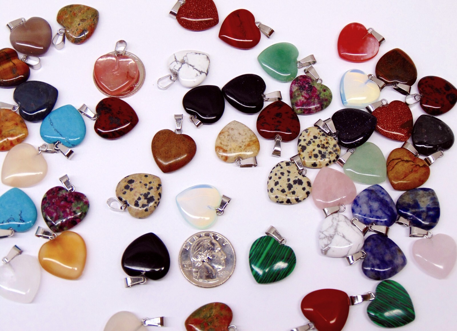 Ten Different 20mm GemStone Heart Pendants Mix with bail to make necklace 3/4″