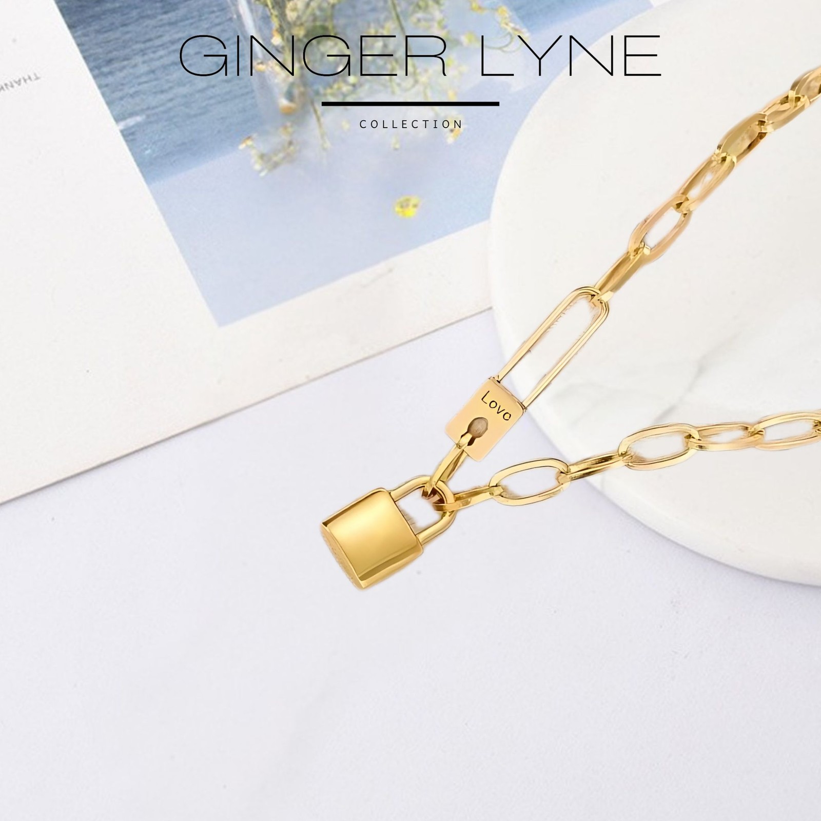 Oval Chain Necklace for Women Lock Pendant 18K Gold Plated Stainless Steel Ad…