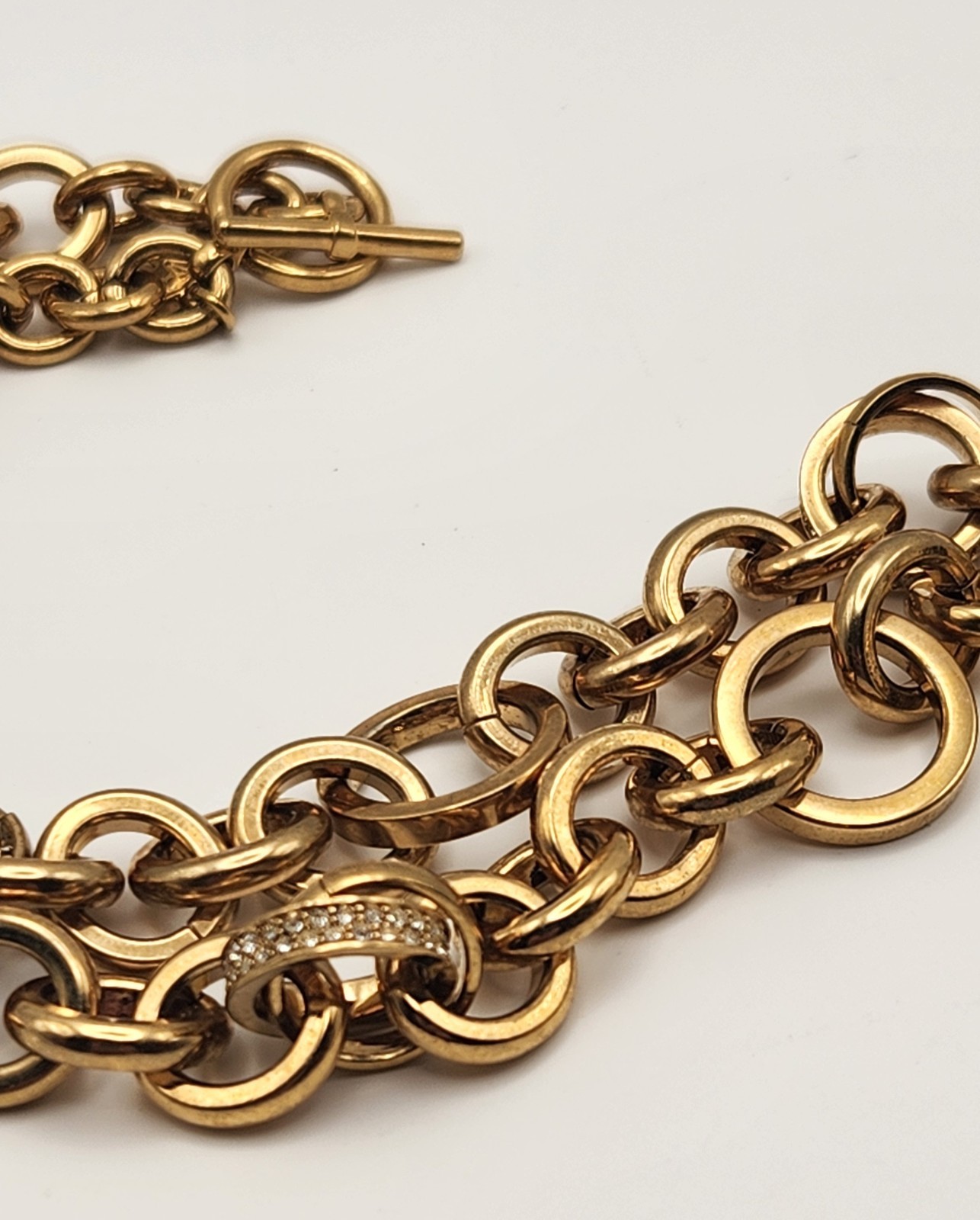 Michael Kors Gold Tone 26″ Rolo Link Necklace Crystal Pave Toggle Statement