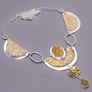 Titanium Golden Agate Drusy 925 Sterling Silver Two Tone Necklace 17.99″ A391