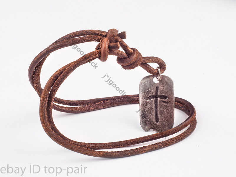 Mens Retro Metal Cross Pendant Genuine Leather Surfer Choker Bead Necklace