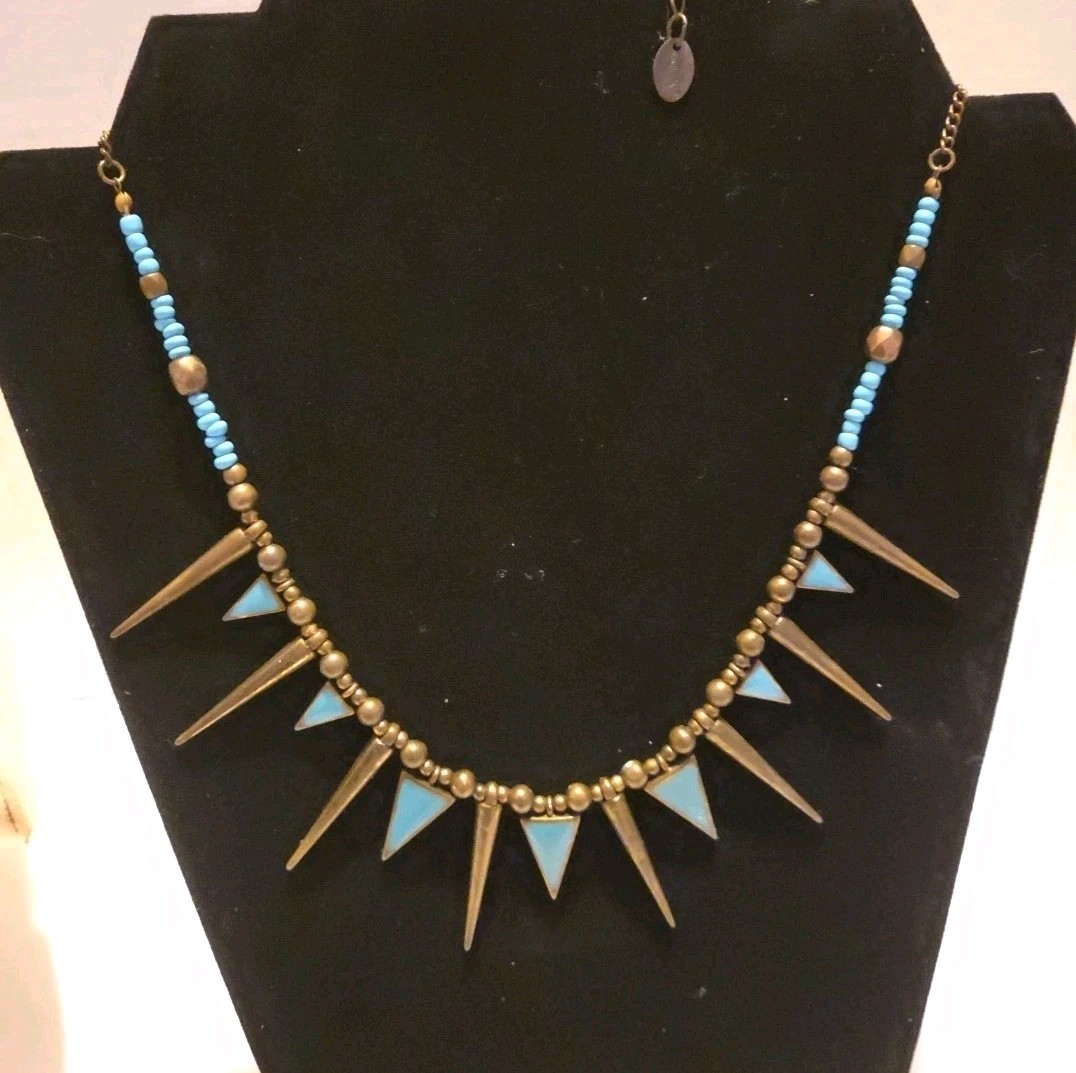 Claires Bronze spike Turquoise Enamel necklace punk goth beaded tribal 17-20”