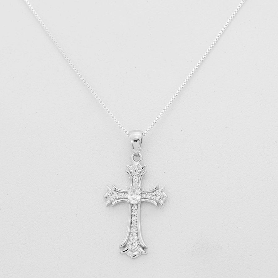 Women’s Sterling Silver 925.CROSS 28mm Cubic zirconia Pendant 18″Necklace,Box
