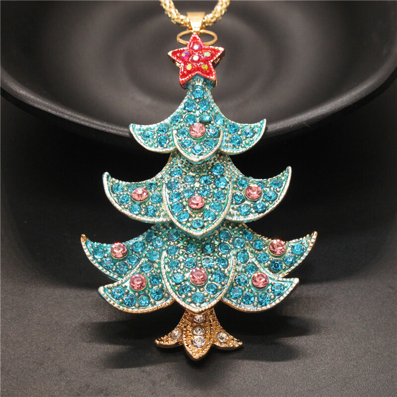 Fashion Lady Blue Star Bling Christmas Tree Crystal Pendant Women Necklace