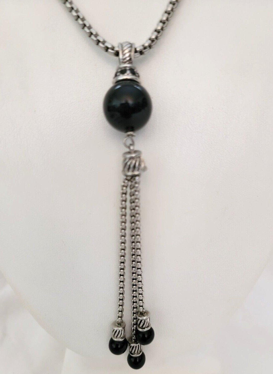 Lariat Style Dangle Tassel Black Beads Pendant Venetian Box Chain Necklace 18″ L