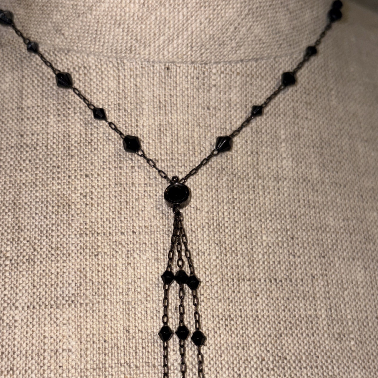 1928 Black Beaded Y-Drop Vintage Necklace Pendant 19in Signed Stone Undated Era