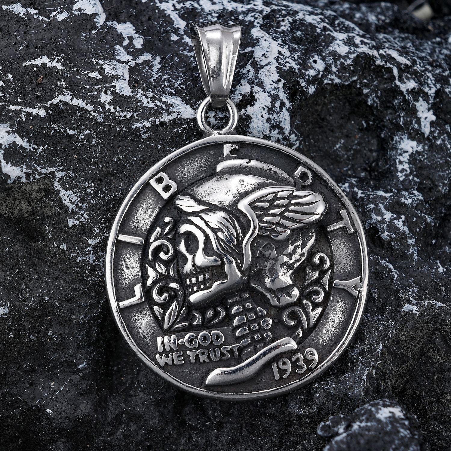 MENDEL Gothic Mens Stainless Steel Coin Biker Skull Punk Pendant Necklace Men