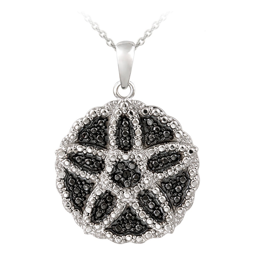 Black Diamond Accent Flower Circle Necklace, 18″ Fine Silver Plate