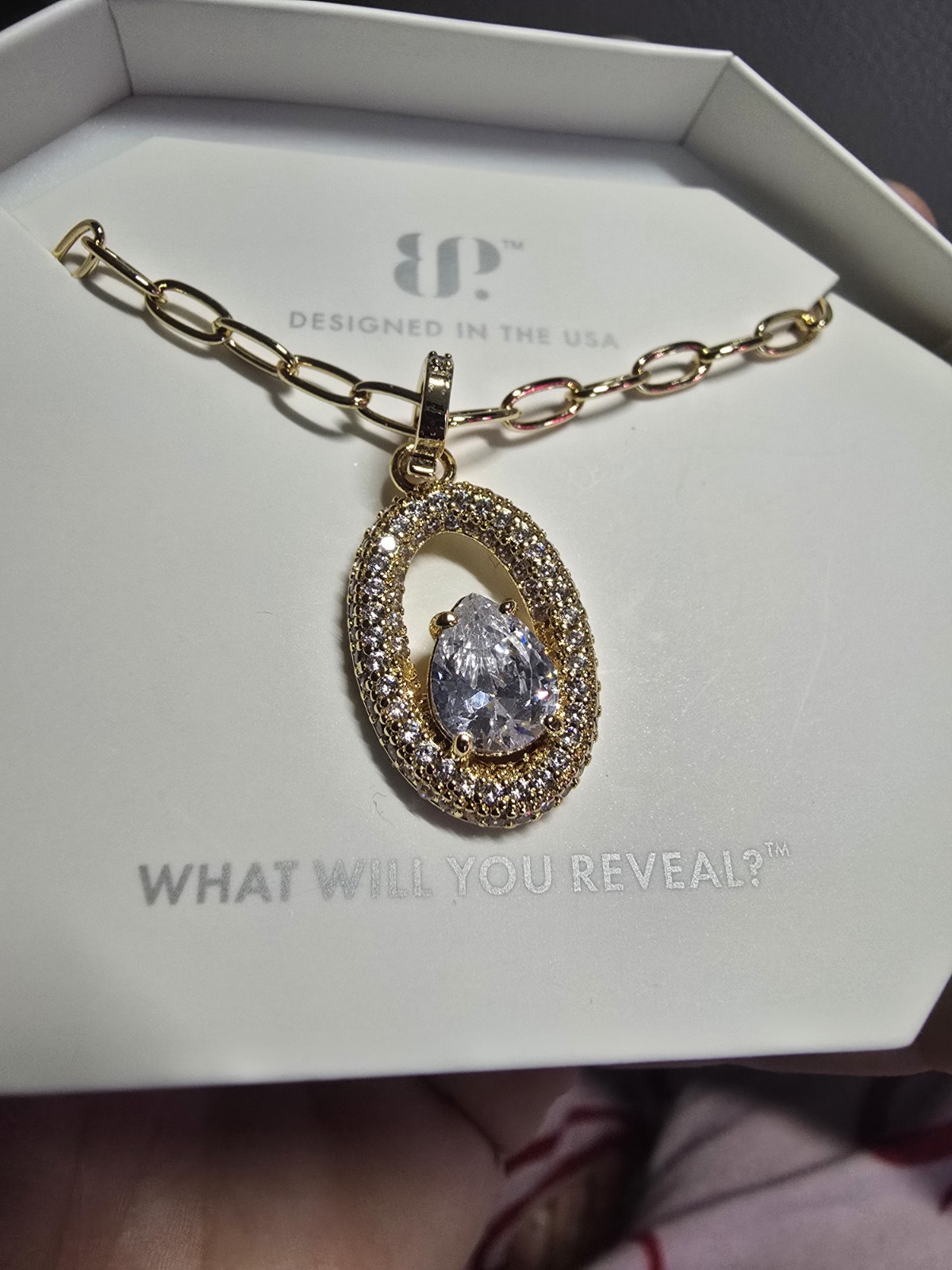 BP Gold Plated Oval Link Chain Teardrop CZ Pendant Necklace 18in Adj NK60295