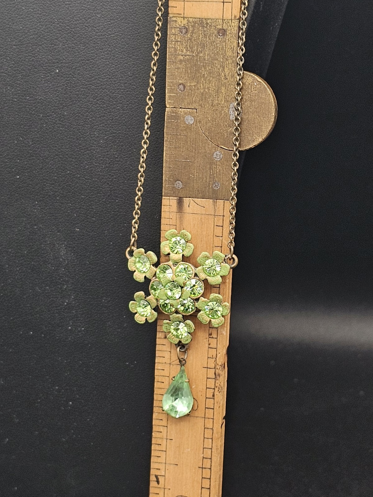 Signed Michal Negrin Peridot Green Swarovski Crystal Floral Necklace Bronze Tone