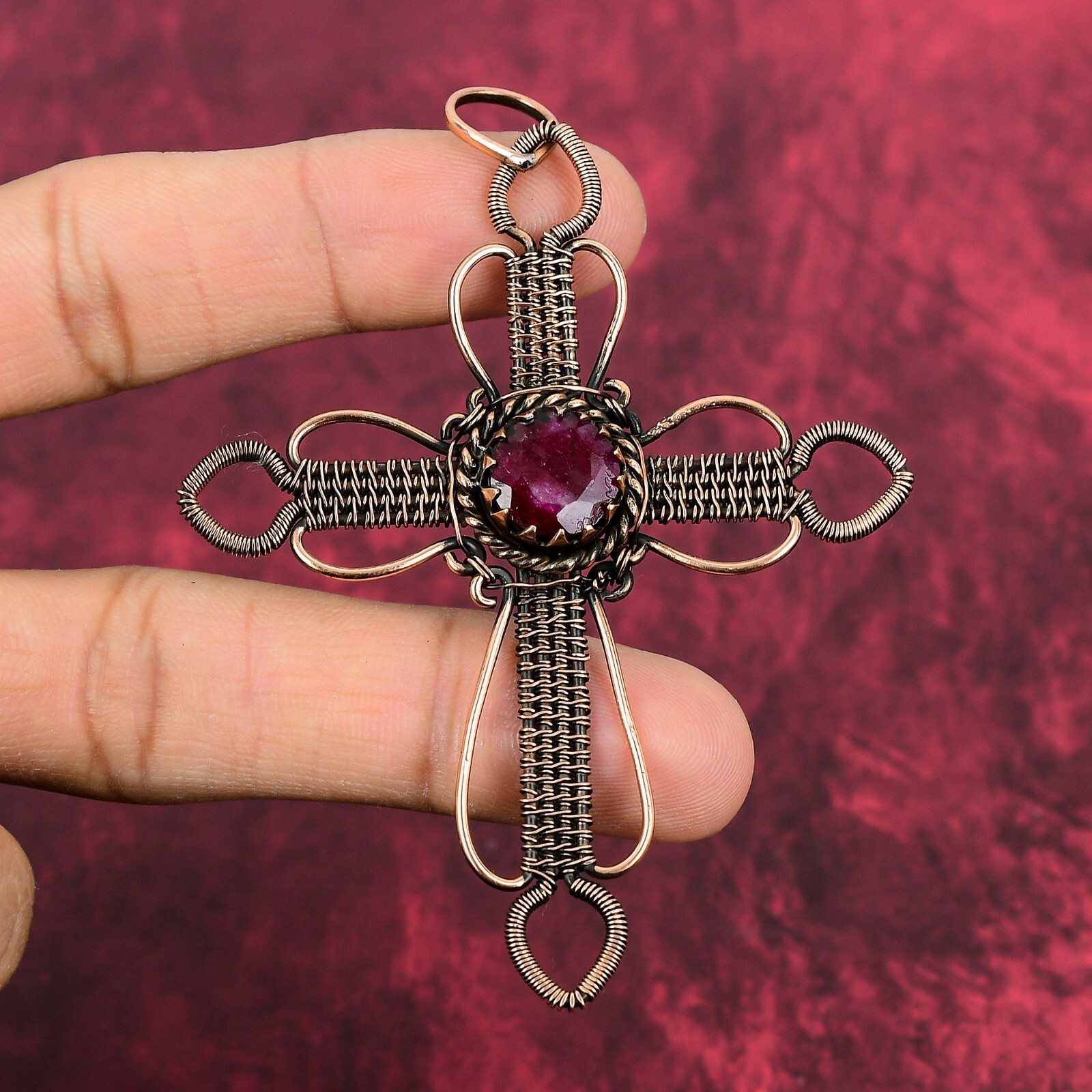 Faceted Kashmir Rubi Gemstone Pendant Copper Wire Wrapped Jewelry Cross Pendant
