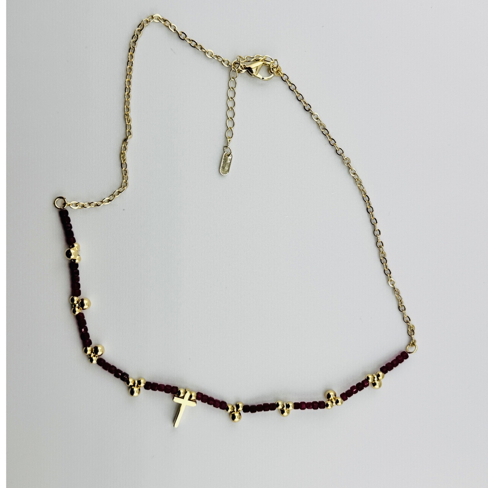 Gold Tone Beaded Cross Necklace Red Faceted Beads Religious Rosary Style Jewelry