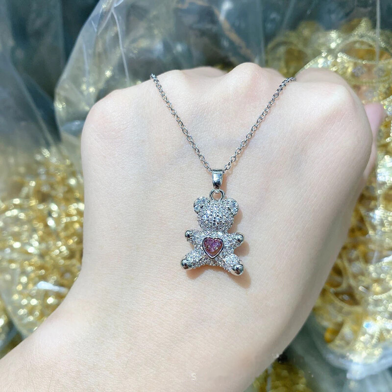 Women’s Fashion Gold Or Silver Teddy Bear Pink Heart Cubic Zircon Necklace 1-264