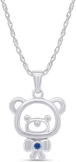 Teddy Bear Pendant 18″ Necklace 925 Sterling Silver Simulated Blue Topaz
