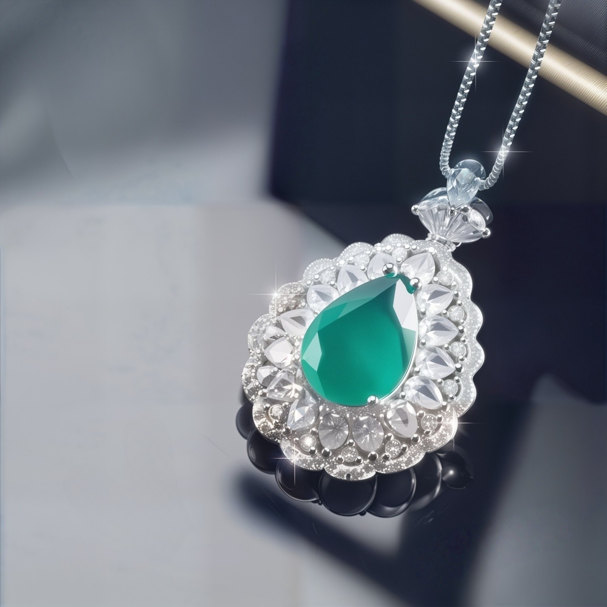 Pear Cut Simulated Emerald Double Halo Pendant Necklace For Women, Copper Plated
