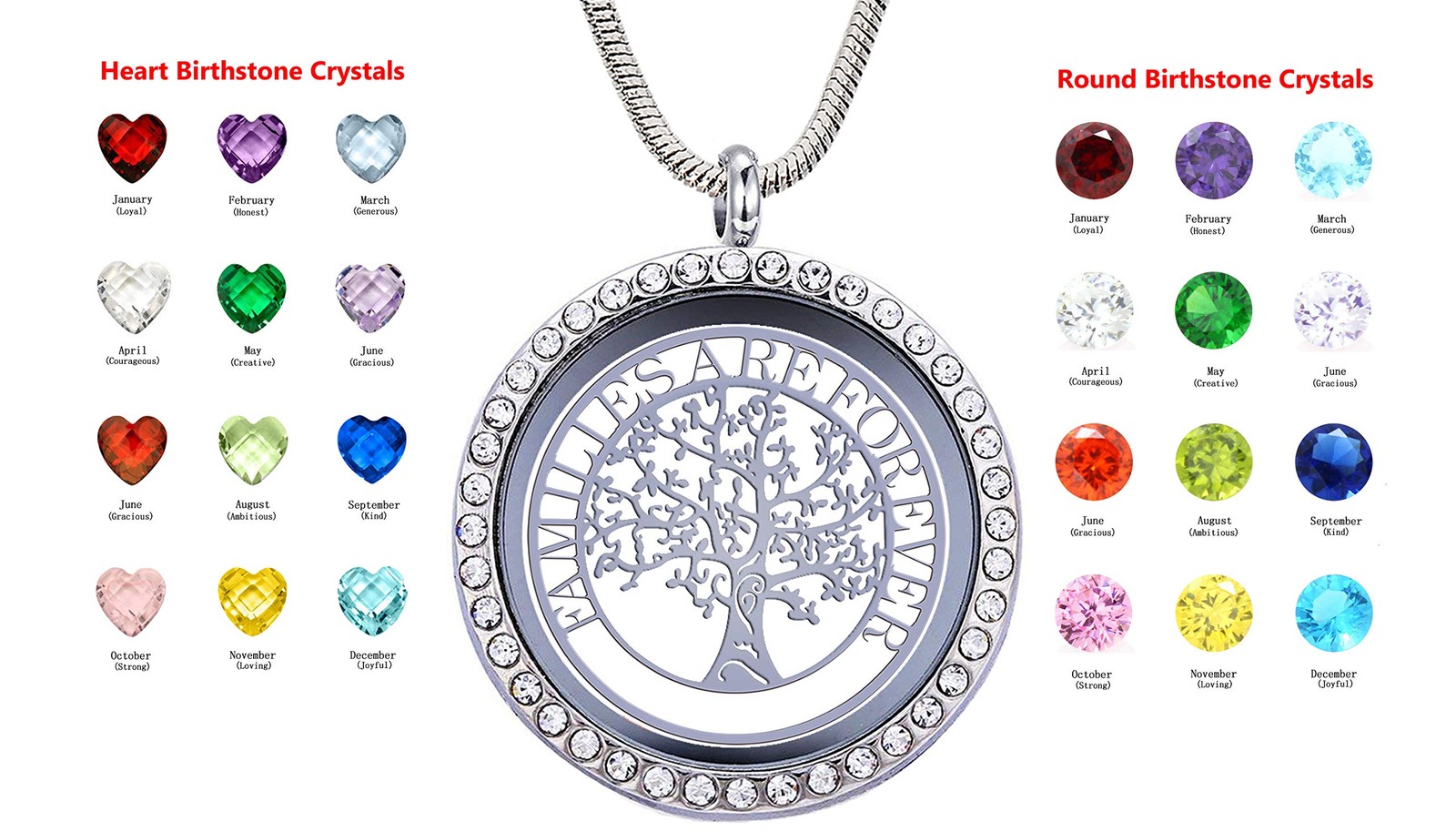 Family Tree of Life Necklace, Floating Locket with 24 Birthstones