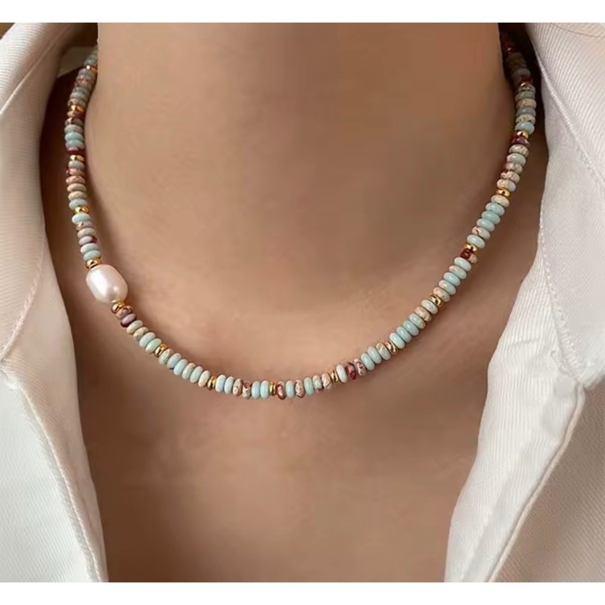 Natural Amazonite and Freshwater Pearl Beaded Necklace Gold Tone Adjustable