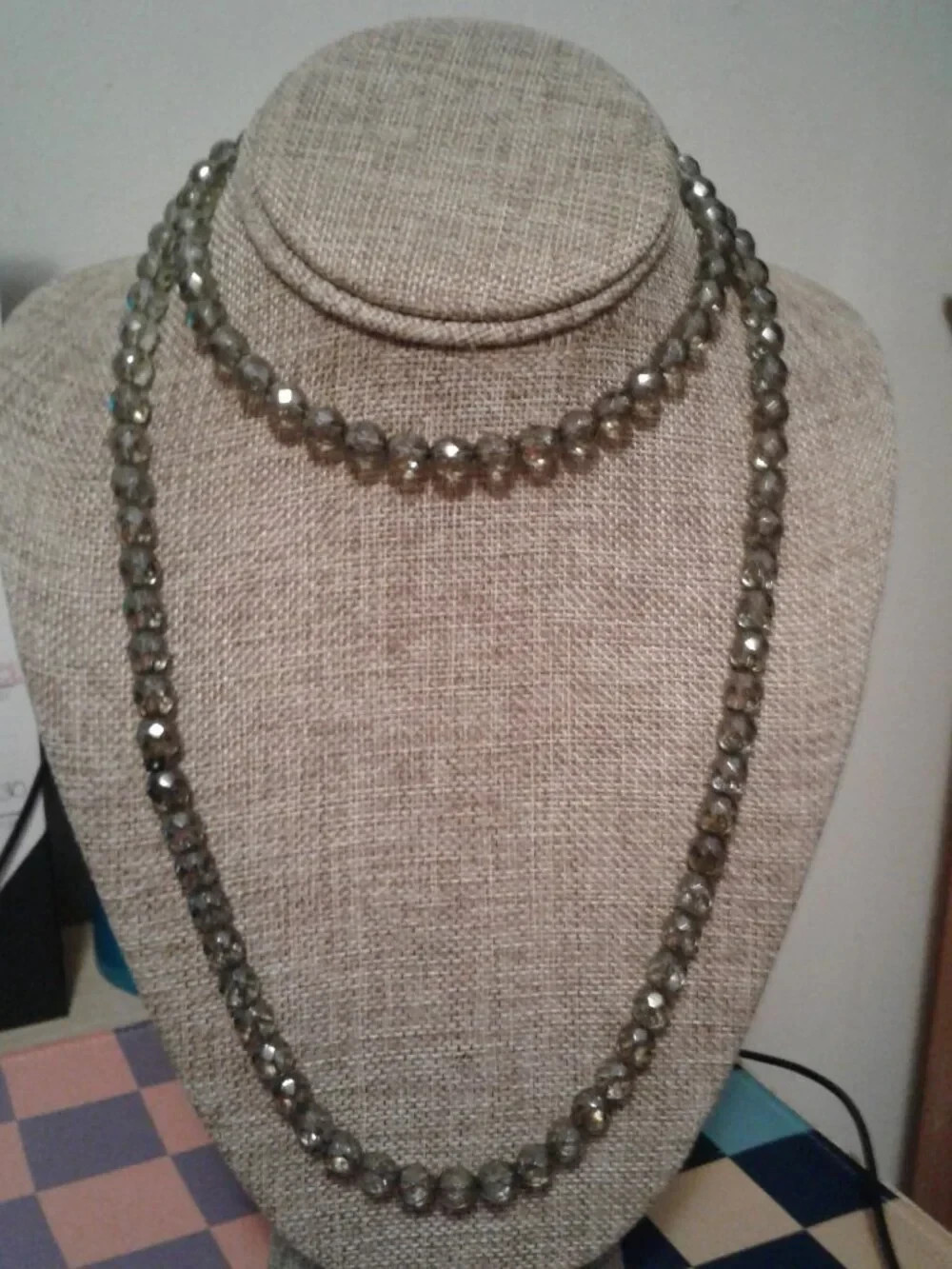 Olive Green Faceted Glass Beads Stretchy Continuous Strand Necklace 36″L