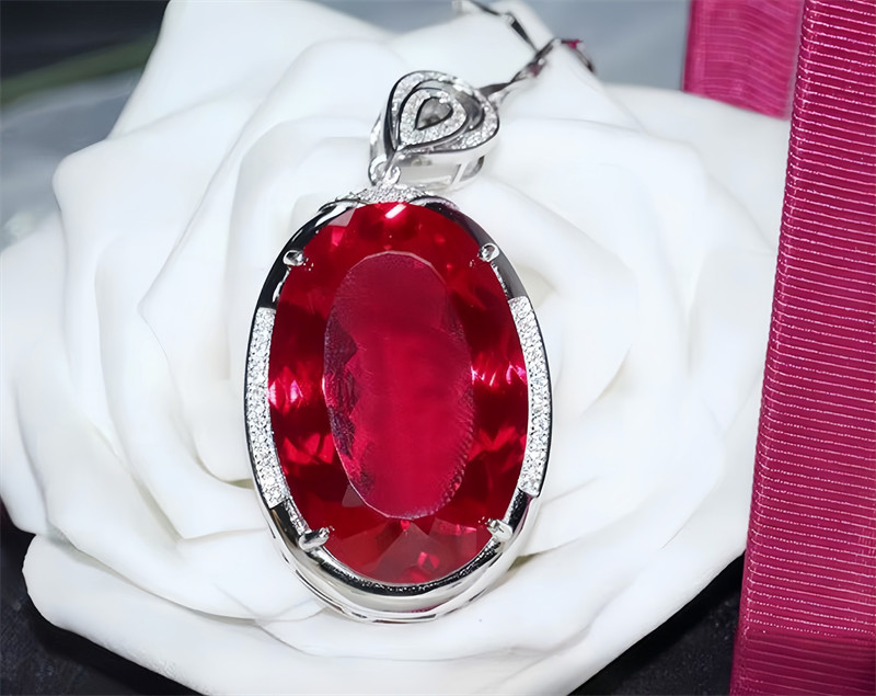 Top Big Oval Pigeon Blood Red Ruby Lab-Created Sterling Silver Pendant Necklace