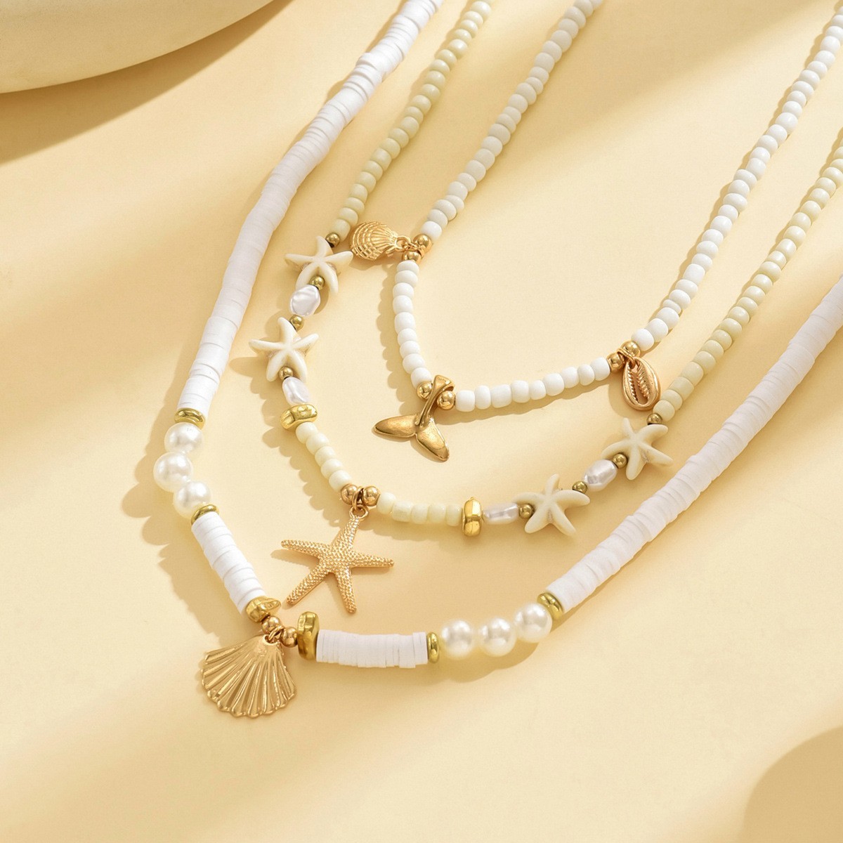 3Pcs/Set Women’s Vintage Soft Ceramic Beaded Ocean-Themed Pendant Necklace