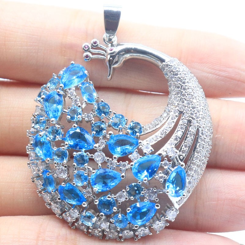 Multi Color Peacock Big Tourmaline Citrine Blue Topaz Kunzite CZ Silver Pendant