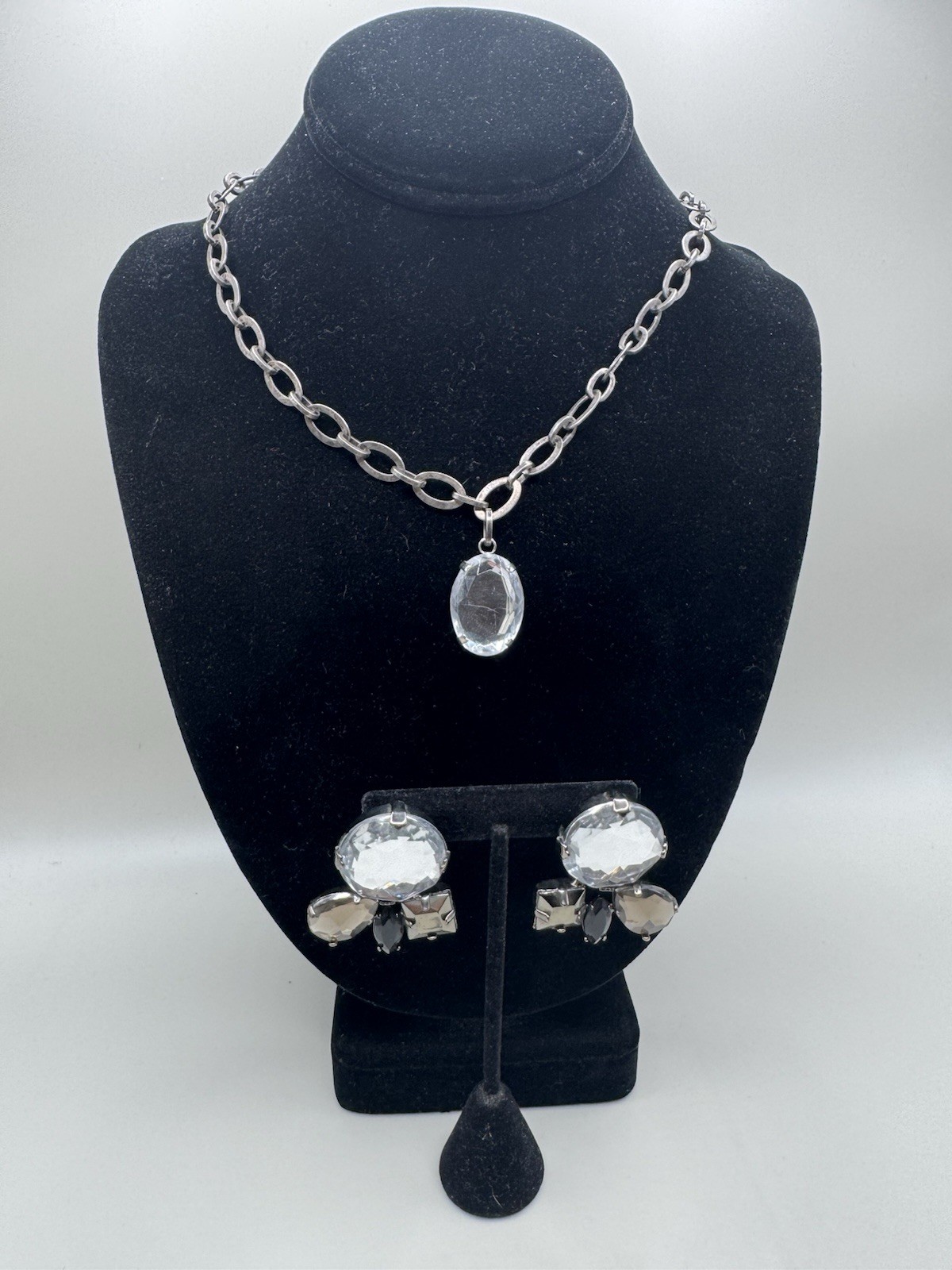 Rachel Zoe Necklace Earrings Set Bold Statement Clear Grey Black Chain Signed