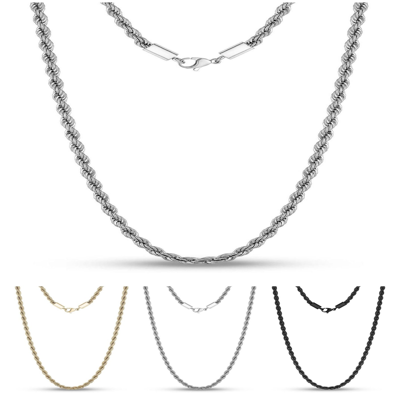 SILVER 316L STAINLESS STEEL 3MM WIDE 24″ / 60CM LONG TWISTED ROPE CHAIN NECKLACE