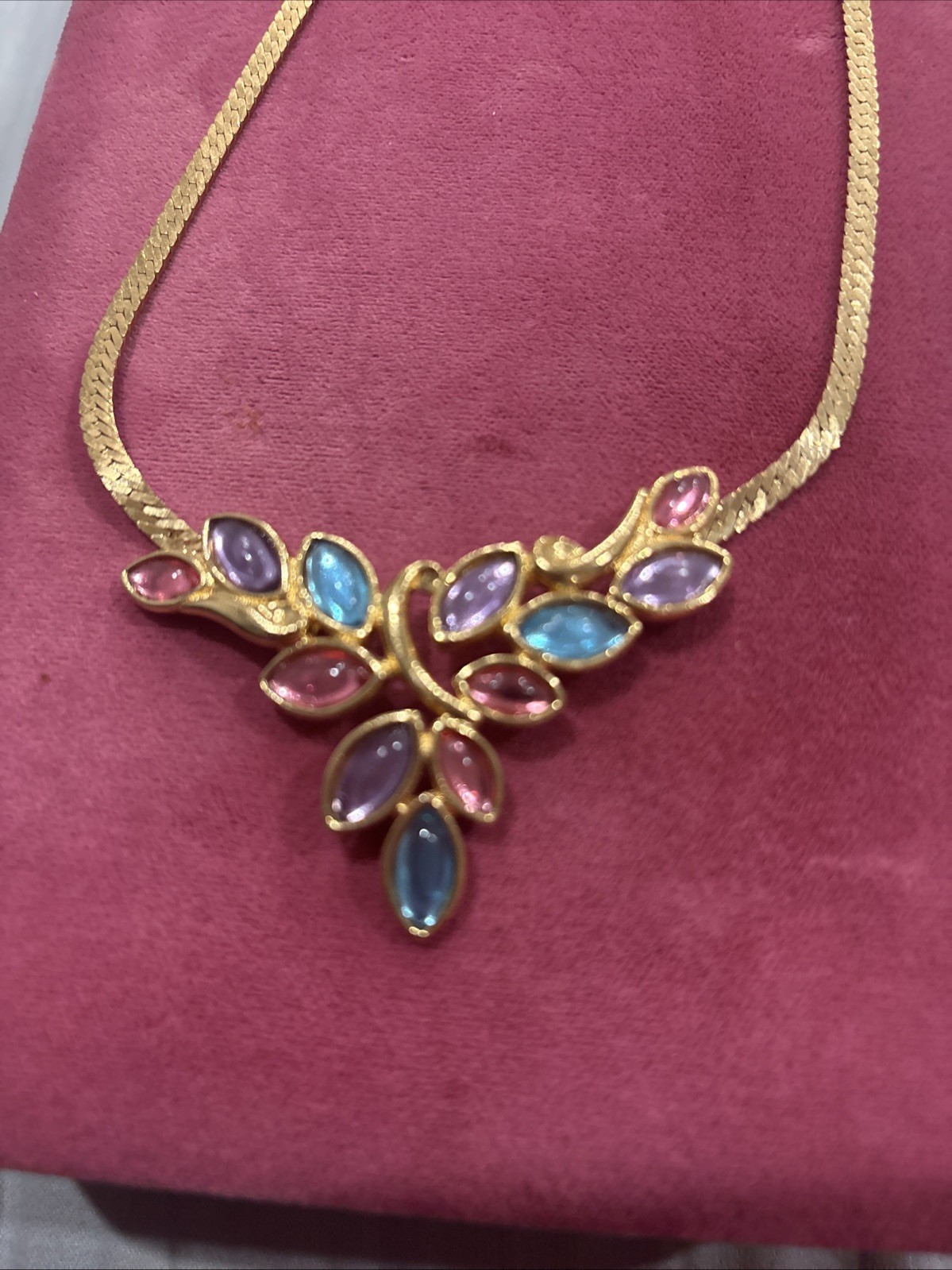 V Elegant Multi Color Stone Pendant With Gold Tone 16 Inch Chain Necklace, Fas J