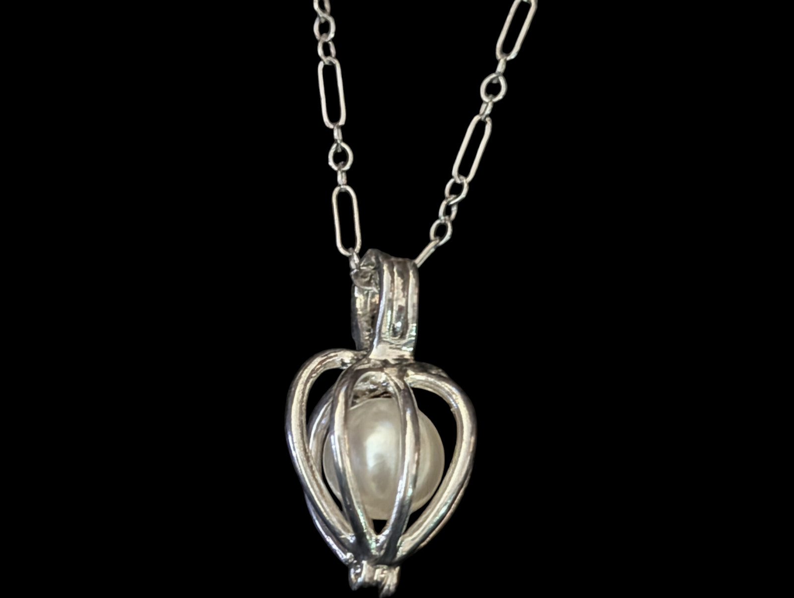 925 Sterling Rhodium Plated Caged Glass Pearl 21.3mm Pendant 17.5″ Chain