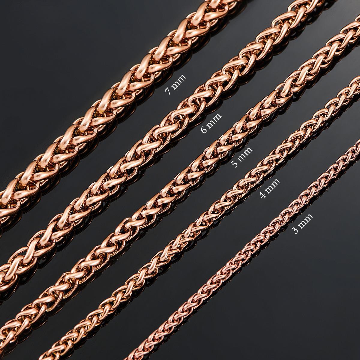 Braided Wheat Link 3-7mm Mens Chain Rose Gold Stainless Steel Necklace Gift