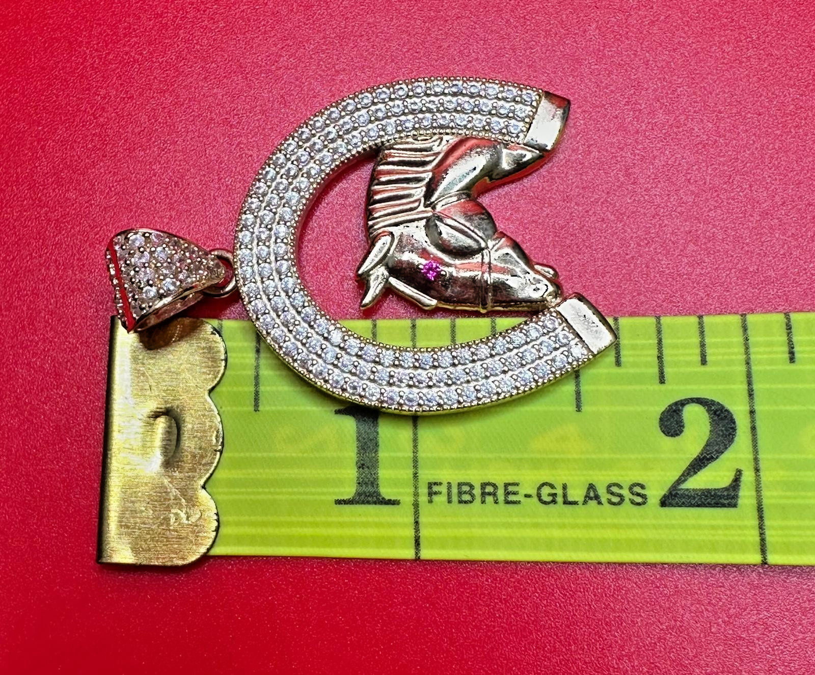 14K Yellow Gold Horseshoe Horse Head Pendant Cubic Zirconia/Ruby