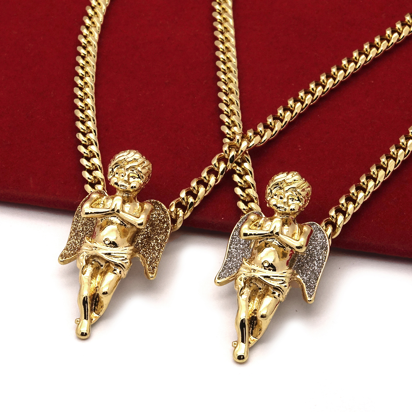 Men’s 14k Gold Plated High Fashion 2 pcs Angels 3mm 30″ & 24″ Cuban Necklace