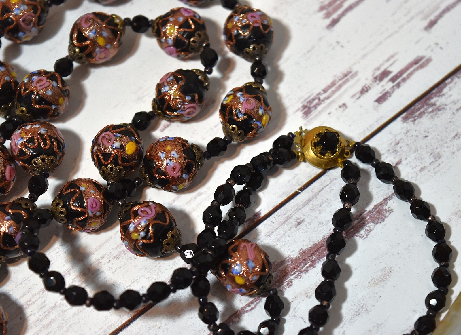 Vtg 2 Strand Venetian Murano Black Wedding Cake Glass Beaded Necklace Earrings