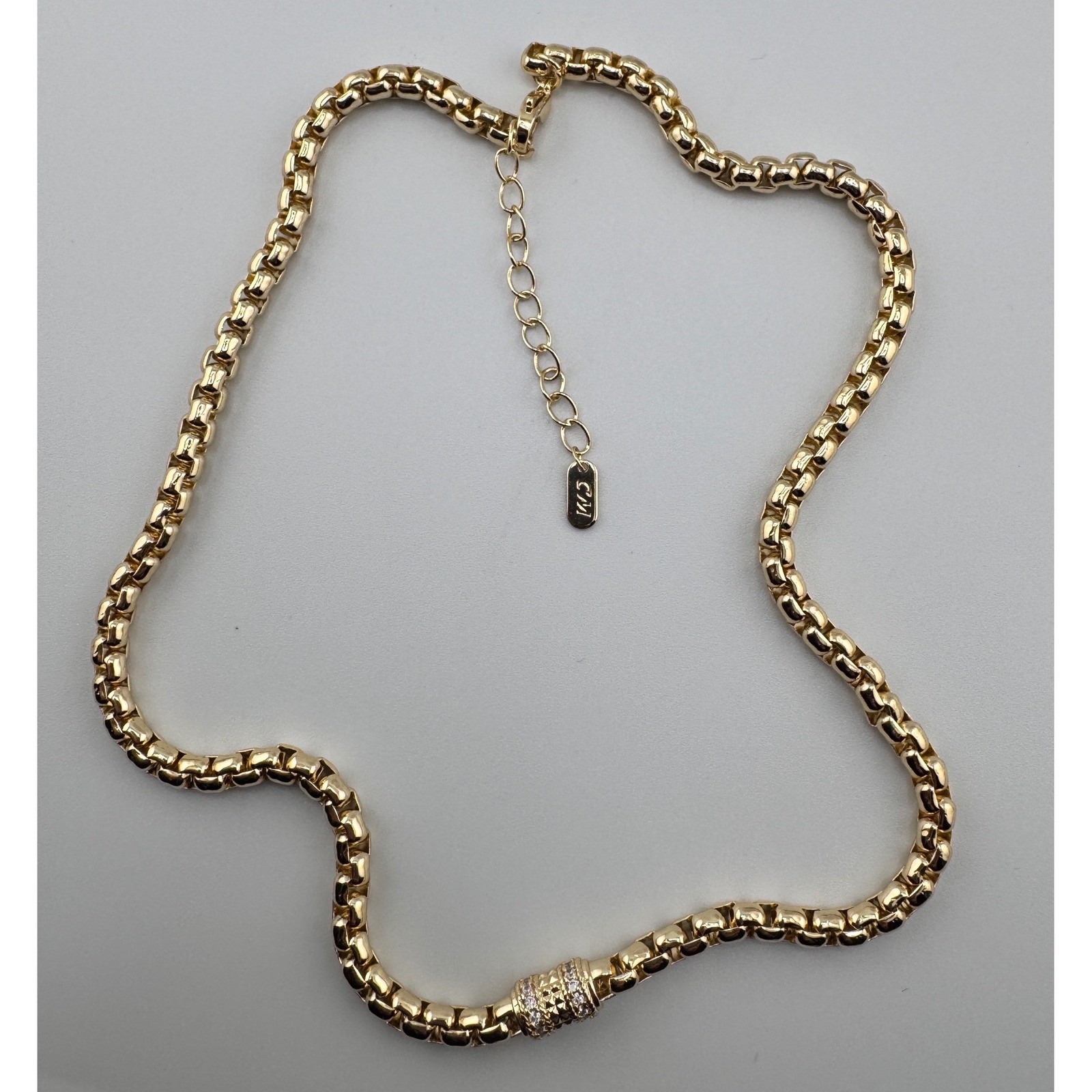 14 K Plated Gold Round Box Chain Necklace Pave Crystal Barrel Bead 18 Inch