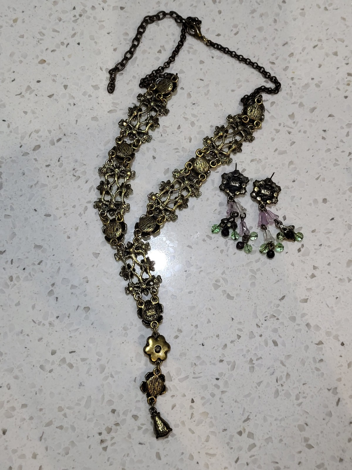Vtg necklace, earring set Michael Morrison signed MX floral enamel with crystals