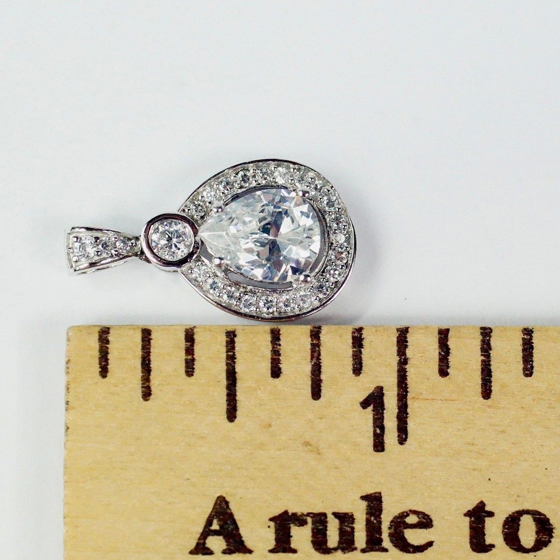 Sterling Silver White Clear Colorless CZ Teardrop Halo Pendant