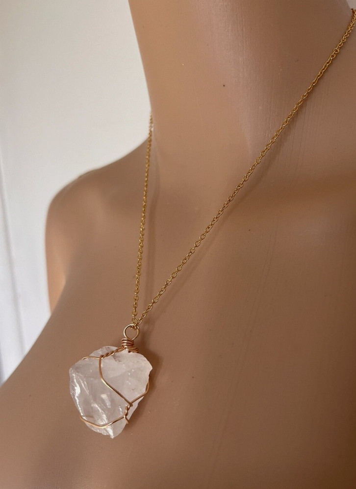 Clear Quartz Energy Healing Crystal Gold-Tone Wire Wrapped Pendant Necklace